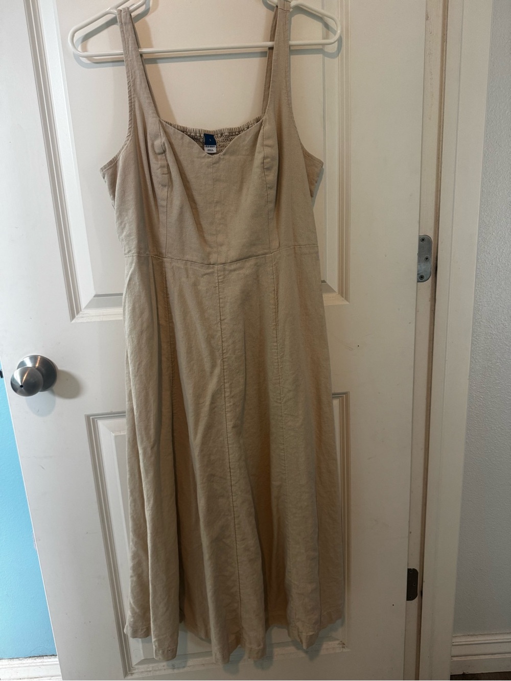 Old Navy Natural Beige Midi Linen-Blend A-Line Dress